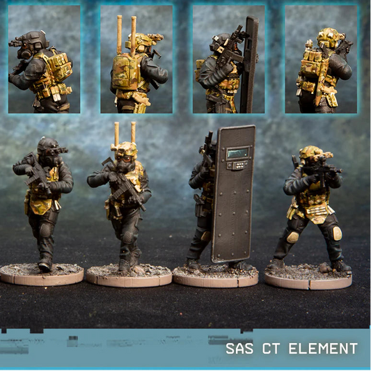 SAS CT Element Spectre Miniatures – 4 operatorów antyterrorystycznych w respiratorach z MCX Rattler, tarczą balistyczną i ECM, 28mm widok z przodu

