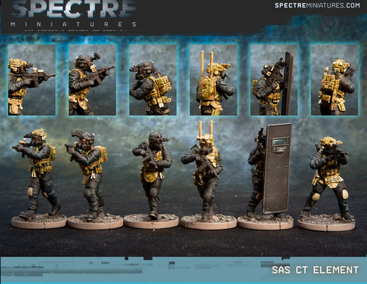 SAS CT Element Spectre Miniatures – 6 operatorów antyterrorystycznych w respiratorach z MCX Rattler, tarczą balistyczną i ECM, 28mm widok z przodu
