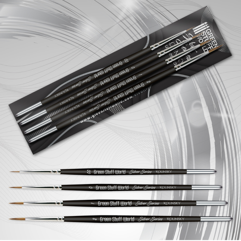 Green Stuff World Kolinsky Silver Series Brushes Pack – przód i tył opakowania: czarne kartonowe opakowanie z srebrnymi akcentami, 4 pędzle: Size 00, 0, 1, 2, czarne uchwyty z napisem Silver Series Kolinsky, szare tło