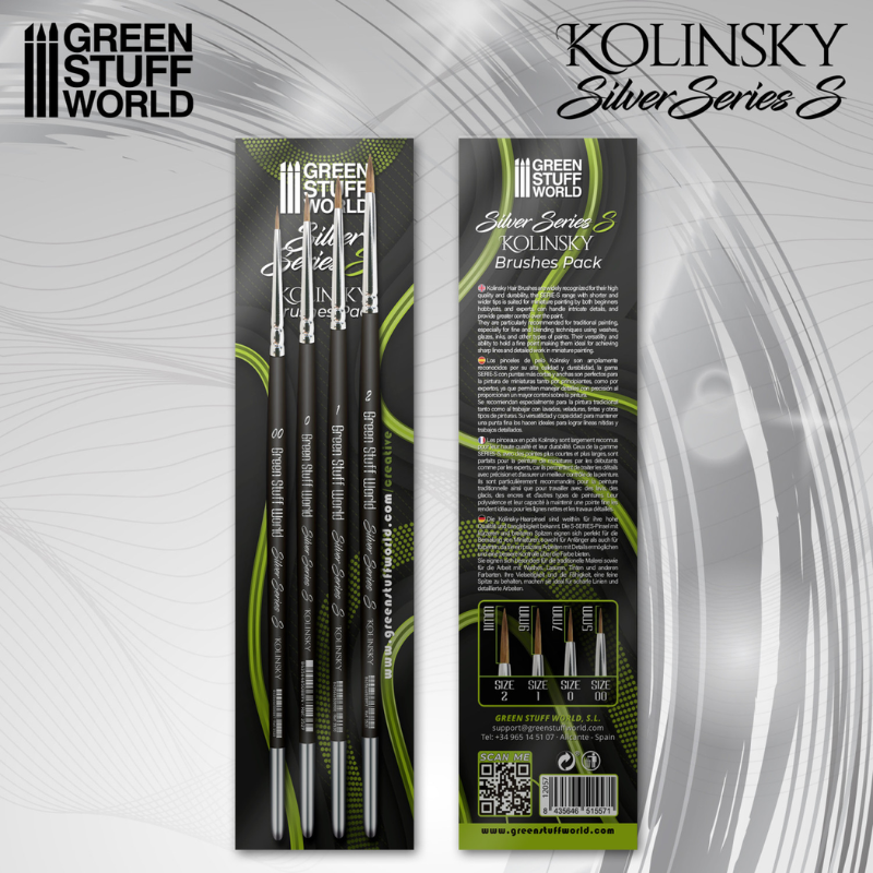 Green Stuff World Kolinsky Silver Series S Brushes Pack – przód i tył opakowania: czarne kartonowe opakowanie z zielonymi akcentami, 4 pędzle: Size 00, 0, 1, 2, opis w 4 językach, kod QR, szare tło