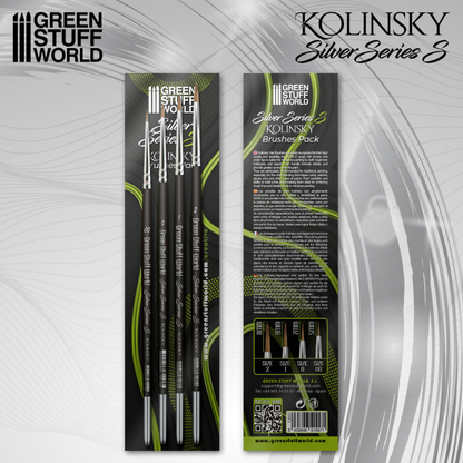 Green Stuff World Kolinsky Silver Series S Brushes Pack – przód i tył opakowania: czarne kartonowe opakowanie z zielonymi akcentami, 4 pędzle: Size 00, 0, 1, 2, opis w 4 językach, kod QR, szare tło