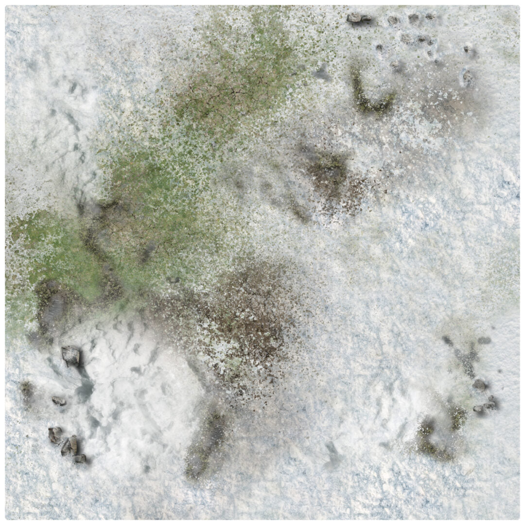 Winter Snowscape – Mata do gry 2'x2' (60x60 cm) Mousepad Battle Systems – widok z góry fotorealistycznej Śnieżnej tundry z kamieniami