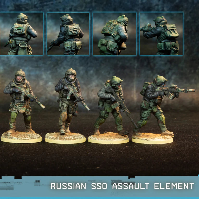 Russian SSO Assault Element Spectre Miniatures – 4 operatorów SSO w zielonym kamuflażu z AK-15, RPL-20, BUR i GM94, widok z przodu i z tyłu, 28mm
