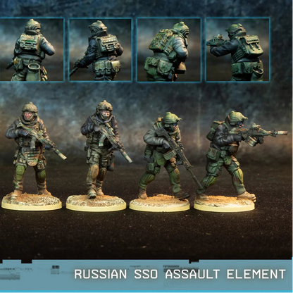 Russian SSO Assault Element Spectre Miniatures – 4 operatorów SSO w zielonym kamuflażu z AK-15, RPL-20, BUR i GM94, widok z przodu i z tyłu, 28mm
