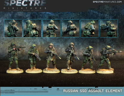 Russian SSO Assault Element Spectre Miniatures – 6 operatorów SSO w zielonym kamuflażu z AK-15, RPL-20, BUR i GM94, widok z przodu i z tyłu, 28mm
