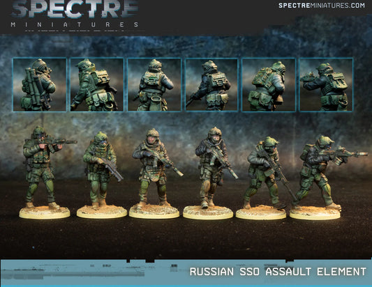 Russian SSO Assault Element Spectre Miniatures – 6 operatorów SSO w zielonym kamuflażu z AK-15, RPL-20, BUR i GM94, widok z przodu i z tyłu, 28mm
