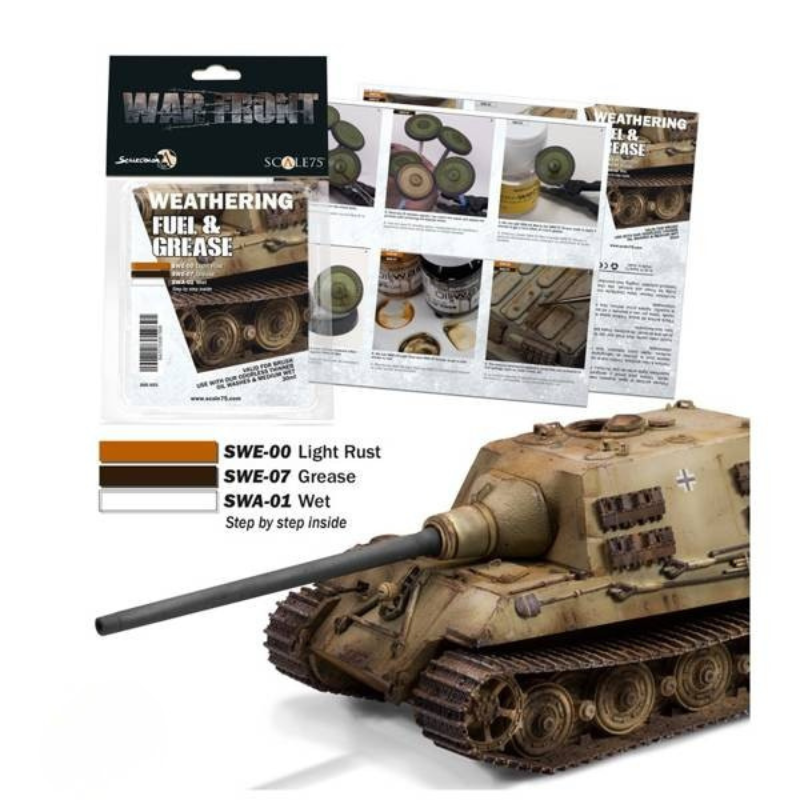 Scale75 Fuel & Grease Paint Set SSE-053 – pudełko zestawu War Front z kartą Weathering Fuel & Grease i 3 produktami: SWE-00 Light Rust, SWE-07 Grease, SWA-01 Wet, z Tygrysem w kamuflażu pustynnym z efektami paliwa i smaru, Scale75
