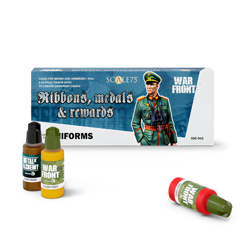 Scale75 Ribbons, Medals & Rewards SSE-043 – pudełko zestawu War Front z oficerem Wehrmachtu na okładce i trzema butelkami farb: Metal Alchemy Elven Gold, War Front Yellow Code i War Front Red Label, Scale75
