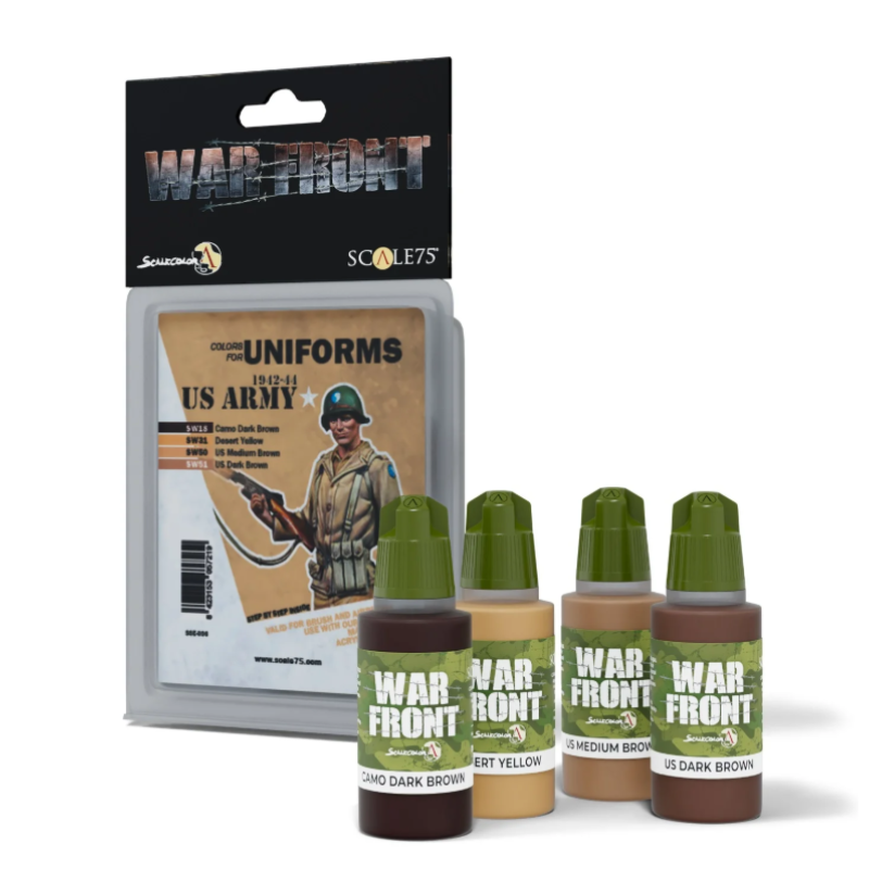 Scale75 US Army 1942-1944 Paint Set SSE-036 – pudełko zestawu War Front z kartą Uniforms US Army i 4 butelkami 17ml: Camo Dark Brown, Desert Yellow, US Medium Brown, US Dark Brown, Scale75

