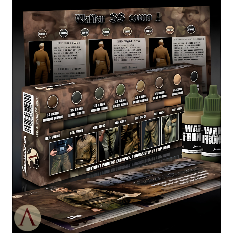 Scale75 Waffen SS Camo I Paint Set SSE-023 – pudełko zestawu 8 farb War Front 17ml z broszurą step by step i dwiema butelkami farby, schemat kamuflażu Waffen SS Camo I na tylnej okładce, Scale75
