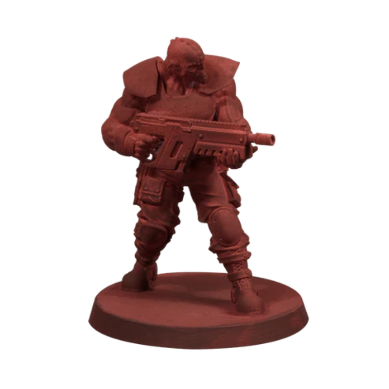 Surface Primer Hull Red Scale75 - figurka żołnierza sci-fi pokryta podkładem Hull Red, gotowa do malowania
