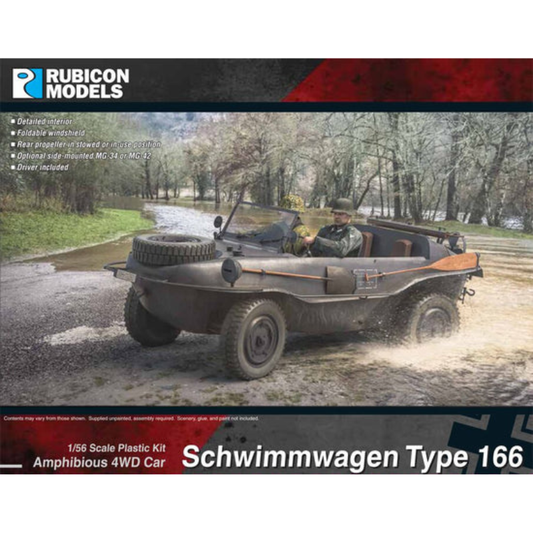 Schwimmwagen Type 166 – okładka pudełka Rubicon Models, model na rzece z kierowcą, 280080