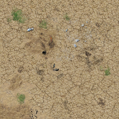 Desert Wasteland – Mata do gry 2'x2' (60x60 cm) Mousepad Battle Systems – widok z góry fotorealistycznej spękanej pustyni z rozrzuconym gruzem