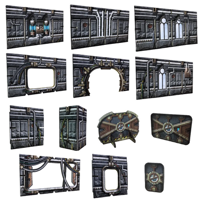 Gothic Ruins BSTSFE006 28-35mm Battle Systems - pełne sekcje murów gotyckich drzwi śluzy okna łukowe widok izometryczny białe tło
