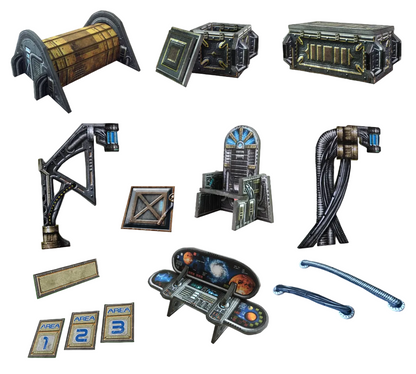 Gothic Ruins BSTSFE006 28-35mm Battle Systems - elementy scatter skrzynie cargo tron konsola sterowania rury wsporniki widok izometryczny białe tło
