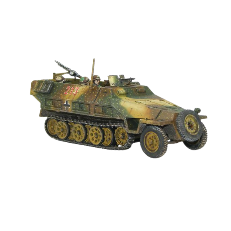 Sd.Kfz 251/1 Ausf D Hanomag - Bolt Action 1/56 28mm - półgąsienicowiec z karabinem maszynowym MG42 w kamuflażu ambush numer 213 z dwoma członkami załogi - widok z boku z trzema czwartymi - Warlord Games