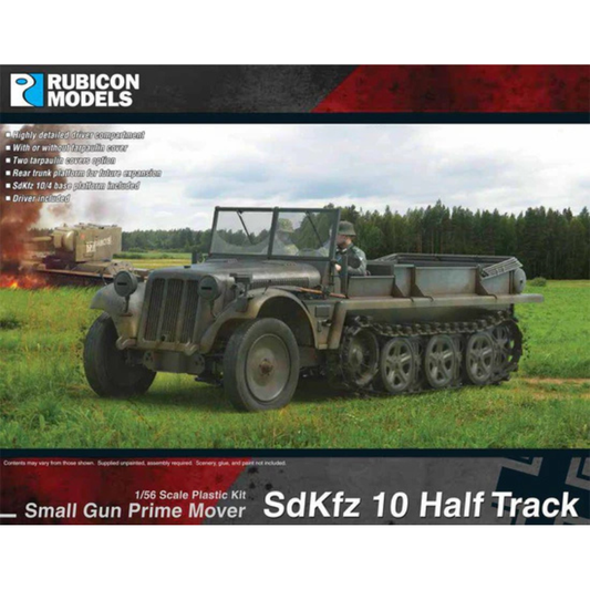 SdKfz 10 Half Track – okładka pudełka Rubicon Models, model 28mm z działem FlaK na łące, 280108