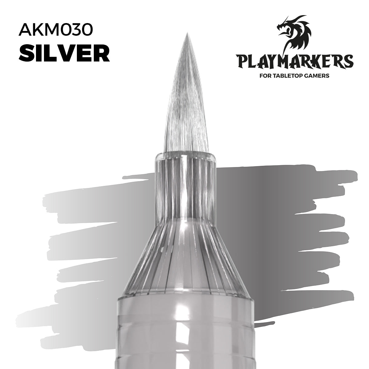 Silver AKM030 AK Interactive Playmarker końcówka pędzelkowa z próbką koloru - chłodny metaliczny srebrny marker akrylowy do malowania zbroi i ostrzy figurek tabletop - AK Interactive
