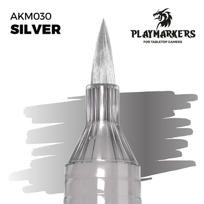 Silver AKM030 AK Interactive Playmarker końcówka pędzelkowa z próbką koloru - chłodny metaliczny srebrny marker akrylowy do malowania zbroi i ostrzy figurek tabletop - AK Interactive
