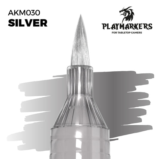 Silver AKM030 AK Interactive Playmarker końcówka pędzelkowa z próbką koloru - chłodny metaliczny srebrny marker akrylowy do malowania zbroi i ostrzy figurek tabletop - AK Interactive
