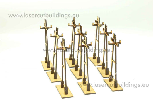 Zestaw Słupów Elektrycznych Typ III LBH0975 28mm HDF - 9 sztuk widok z przodu rząd słupów Laser Cut Buildings
