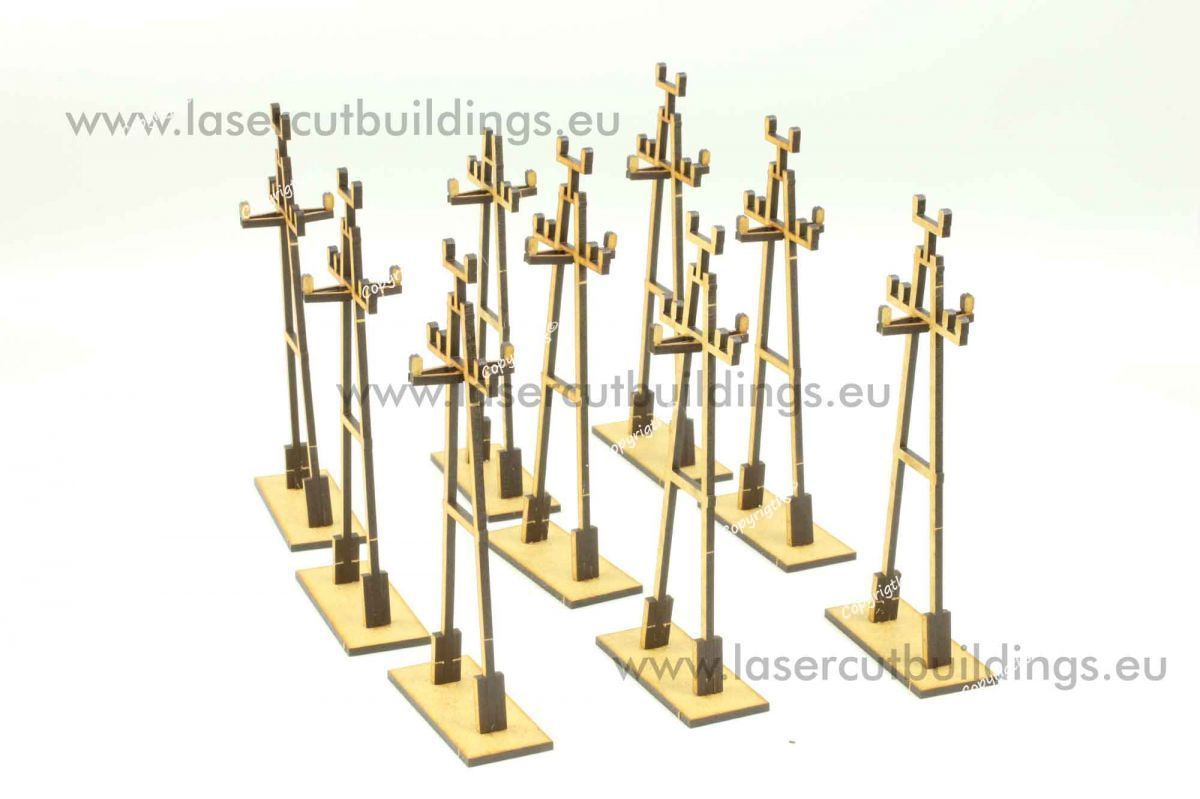 Zestaw Słupów Elektrycznych Typ II LBH0974 28mm HDF - 9 sztuk widok z przodu rząd słupów Laser Cut Buildings
