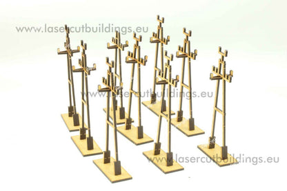 Zestaw Słupów Elektrycznych Typ II LBH0974 28mm HDF - 9 sztuk widok z przodu rząd słupów Laser Cut Buildings
