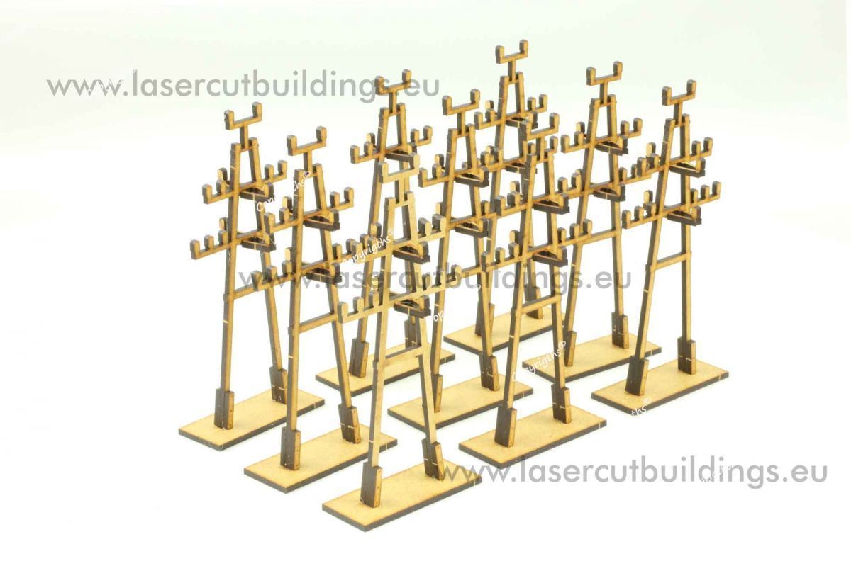 Zestaw Słupów Elektrycznych Typ I LBH0973 28mm HDF - 9 sztuk widok z przodu rząd słupów Laser Cut Buildings
