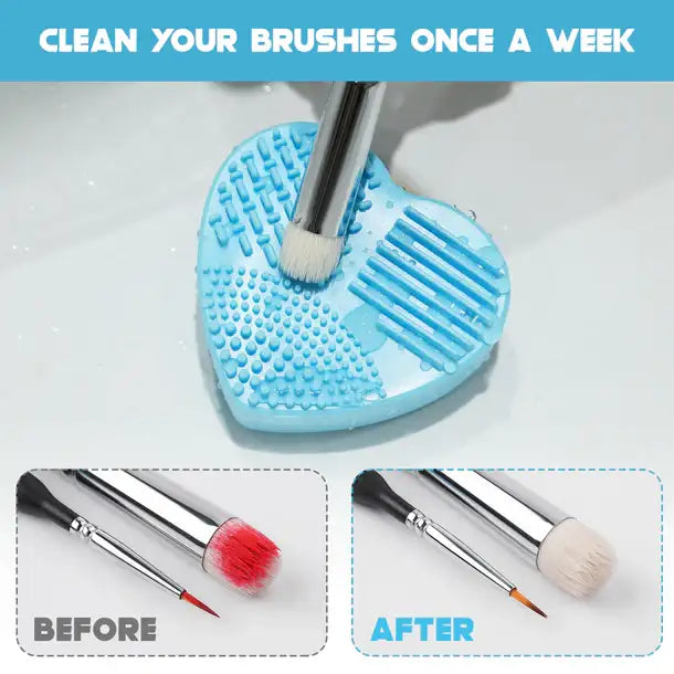 Soft Silicone Brush Cleaning Mat Golden Maple – silikonowy pad w kształcie serca do czyszczenia pędzli malarskich, kolor niebieski, efekt przed i po
