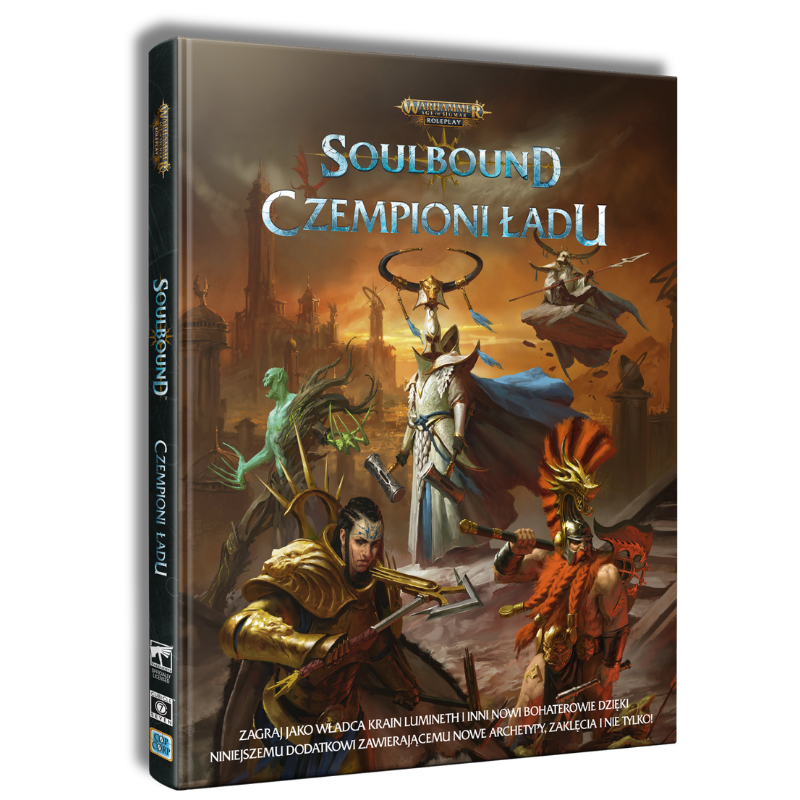 Soulbound: Czempioni Ładu – okładka suplementu z widokiem z boku, twarda oprawa, Warhammer Age of Sigmar Roleplay, Copernicus Corporation
