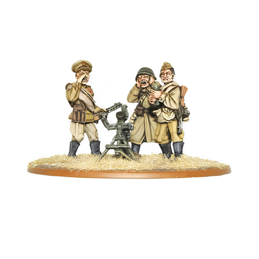 Soviet 82mm Mortar Team Warlord Games WGB-RI-24 – 3 figurki obsługi Armii Czerwonej przy moździerzu 82mm: oficer z lornetką, ładowniczy, celowniczy, mundury letnie, metal 28mm