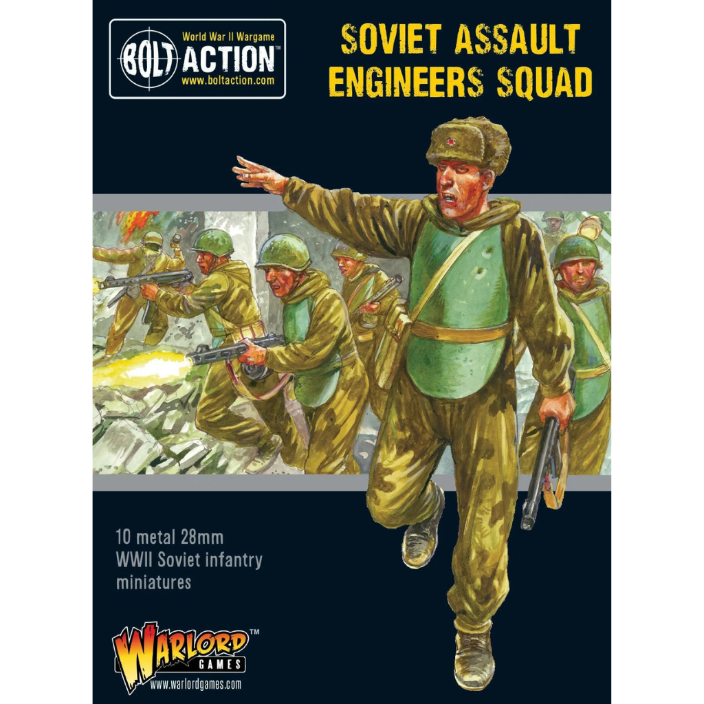 Soviet Assault Engineers Squad - Bolt Action 28mm - pudełko przód 10 metalowych figurek oficer pancerz SN-42 scena szturmu ilustracja - Warlord Games