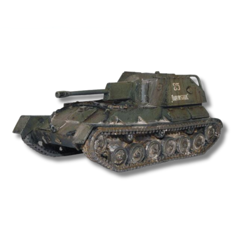 Soviet SU-76 Self-Propelled Gun – renderowany model działa samobieżnego SU-76, widok z boku prawego, ciemnozielony kamuflaż z numerem 85, Bolt Action, Warlord Games
