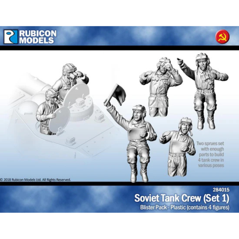 Soviet Tank Crew Set 1 Rubicon Models – okładka blistera 284015, 4 figurki plastikowe załogi radzieckiej w różnych pozach, 28mm