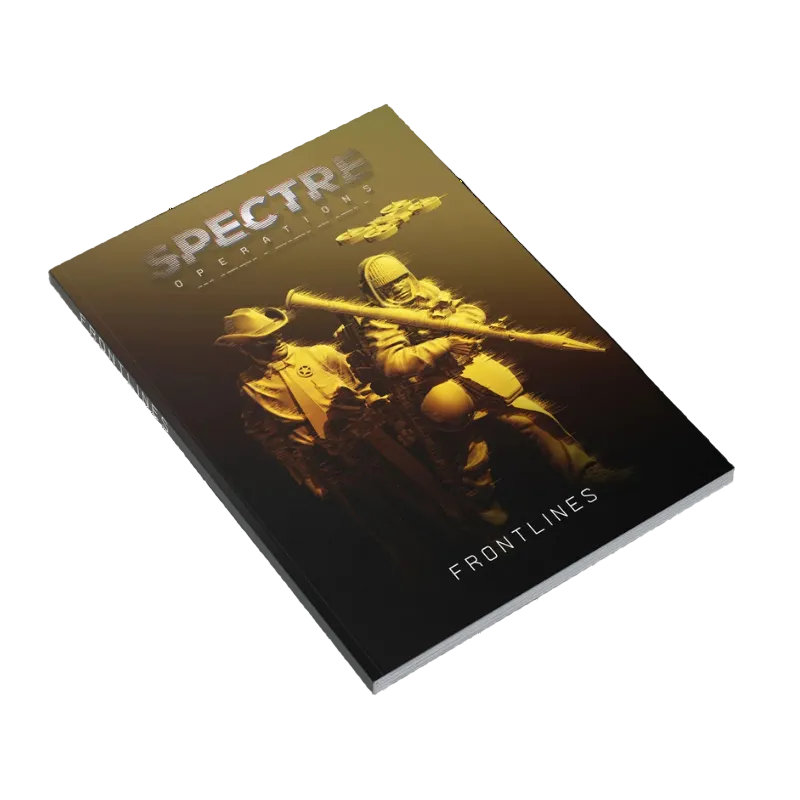 Spectre Operations Frontlines Expansion Book – miękka oprawa podręcznika leżąca na białym tle: okładka z dwoma żołnierzami w żółto-złotym oświetleniu – jeden z wyrzutnią rakiet RPG na ramieniu, drugi w hełmie z karabinem, dron bojowy w tle, napis Spectre Operations Frontlines, wydawnictwo Spectre Miniatures
