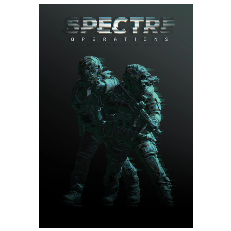 Spectre Operations Rulebook – okładka podręcznika: dwóch operatorów sił specjalnych w pełnym wyposażeniu taktycznym z karabinami szturmowymi i goglami noktowizyjnymi na czarnym tle z turkusowym podświetleniem, napis Spectre Operations, wydawnictwo Spectre Miniatures
