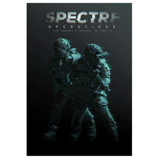 Spectre Operations Rulebook – okładka podręcznika: dwóch operatorów sił specjalnych w pełnym wyposażeniu taktycznym z karabinami szturmowymi i goglami noktowizyjnymi na czarnym tle z turkusowym podświetleniem, napis Spectre Operations, wydawnictwo Spectre Miniatures
