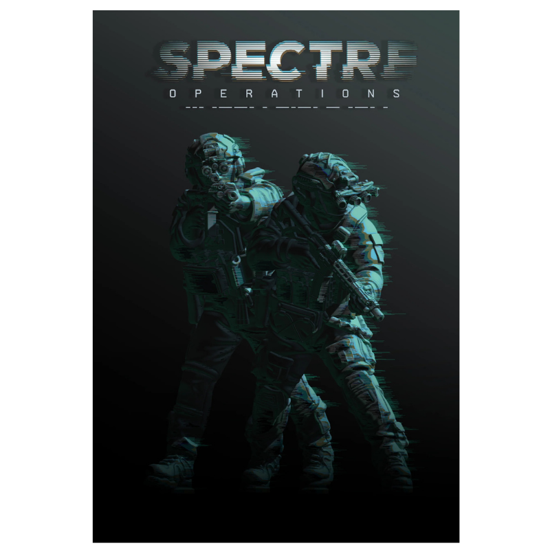 Spectre Operations Rulebook – okładka podręcznika: dwóch operatorów sił specjalnych w pełnym wyposażeniu taktycznym z karabinami szturmowymi i goglami noktowizyjnymi na czarnym tle z turkusowym podświetleniem, napis Spectre Operations, wydawnictwo Spectre Miniatures
