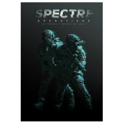 Spectre Operations Rulebook – okładka podręcznika: dwóch operatorów sił specjalnych w pełnym wyposażeniu taktycznym z karabinami szturmowymi i goglami noktowizyjnymi na czarnym tle z turkusowym podświetleniem, napis Spectre Operations, wydawnictwo Spectre Miniatures
