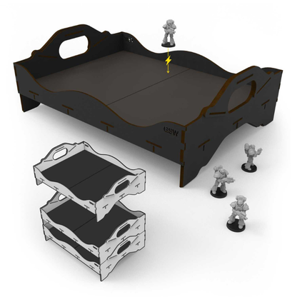 Stackable Tournament Tray 420mm – czarna taca MDF z figurką Space Marine przyciągniętą magnesem, układanie 3 tac, figurki 25mm i 32mm obok