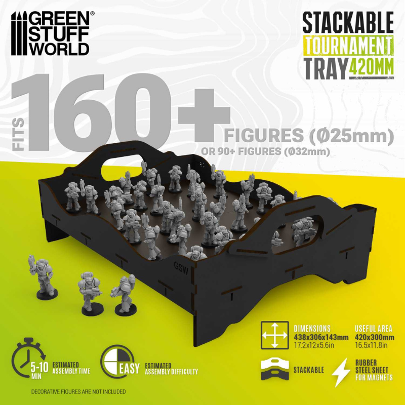 Green Stuff World Stackable Tournament Tray 420mm – czarna taca MDF z 160+ figurkami Space Marines 25mm, uchwyt boczny, metalizowana podstawa dla magnesów