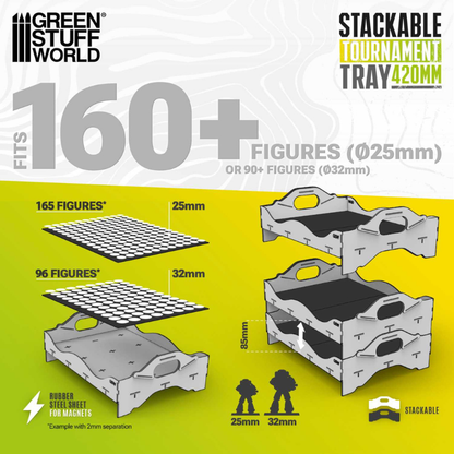 Stackable Tournament Tray 420mm – infografika pojemności: 165 figurek 25mm lub 96 figurek 32mm, układanie tac, wysokość 85mm między poziomami
