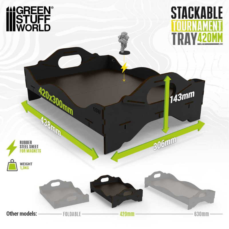 Stackable Tournament Tray 420mm – wymiary 438x306x143mm, pole użytkowe 420x300mm, waga 1,3kg, porównanie z modelami Foldable i 630mm