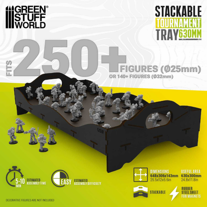 Green Stuff World Stackable Tournament Tray 630mm – czarna taca MDF z 250+ figurkami Space Marines 25mm na polu użytkowym 630x300mm, uchwyt boczny