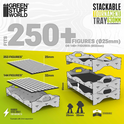 Stackable Tournament Tray 630mm – infografika pojemności: 253 figurki 25mm lub 144 figurki 32mm, układanie tac co 85mm, metalizowana guma dla magnesów