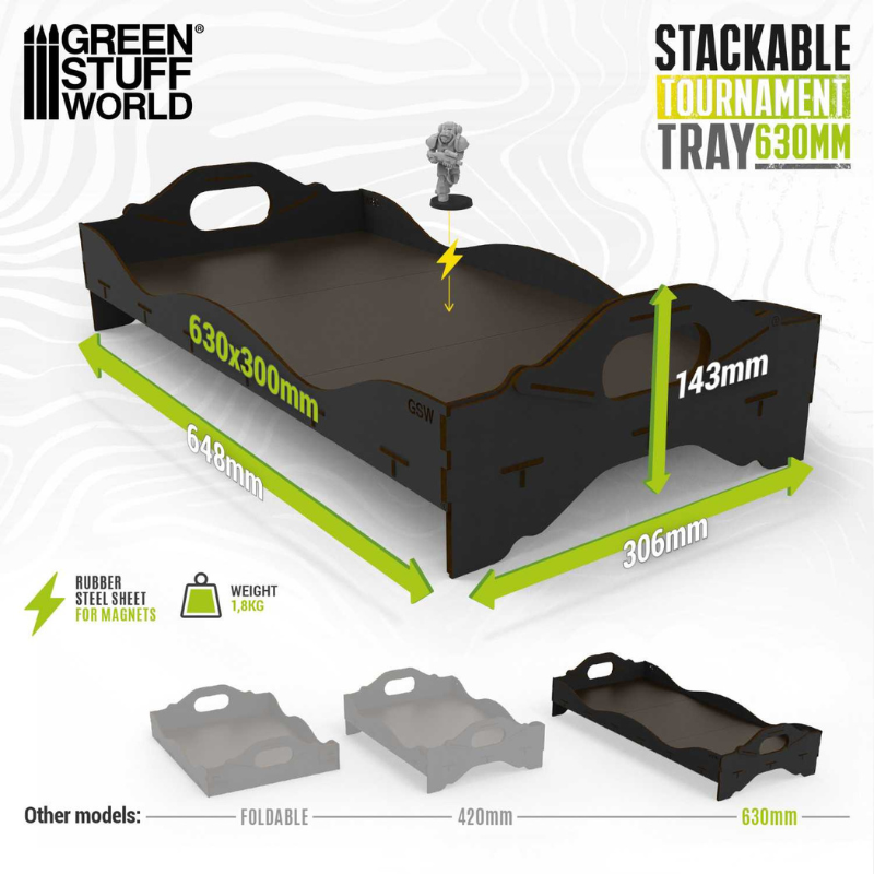 Stackable Tournament Tray 630mm – wymiary 648x306x143mm, pole użytkowe 630x300mm, waga 1,8kg, porównanie z modelami Foldable i 420mm