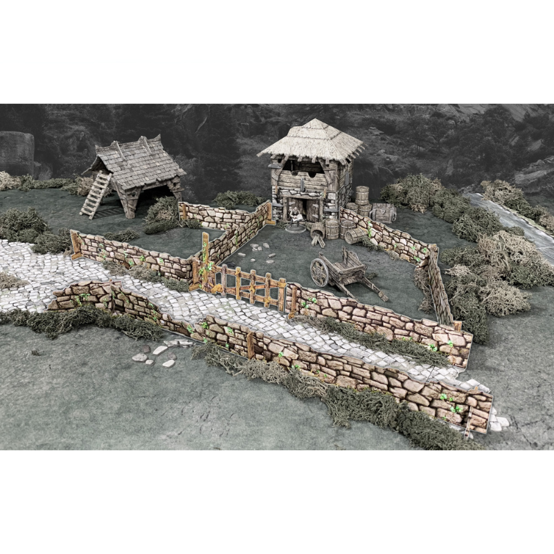 Stone Walls BSTFWA002 28-35mm Battle Systems - kamienne mury otaczające zagrodę z budynkami i bramą widok klimatyczny z góry
