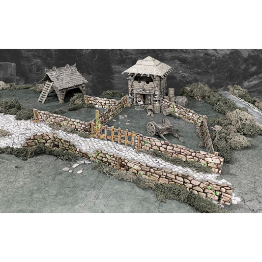 Stone Walls BSTFWA002 28-35mm Battle Systems - kamienne mury otaczające zagrodę z budynkami i bramą widok klimatyczny z góry
