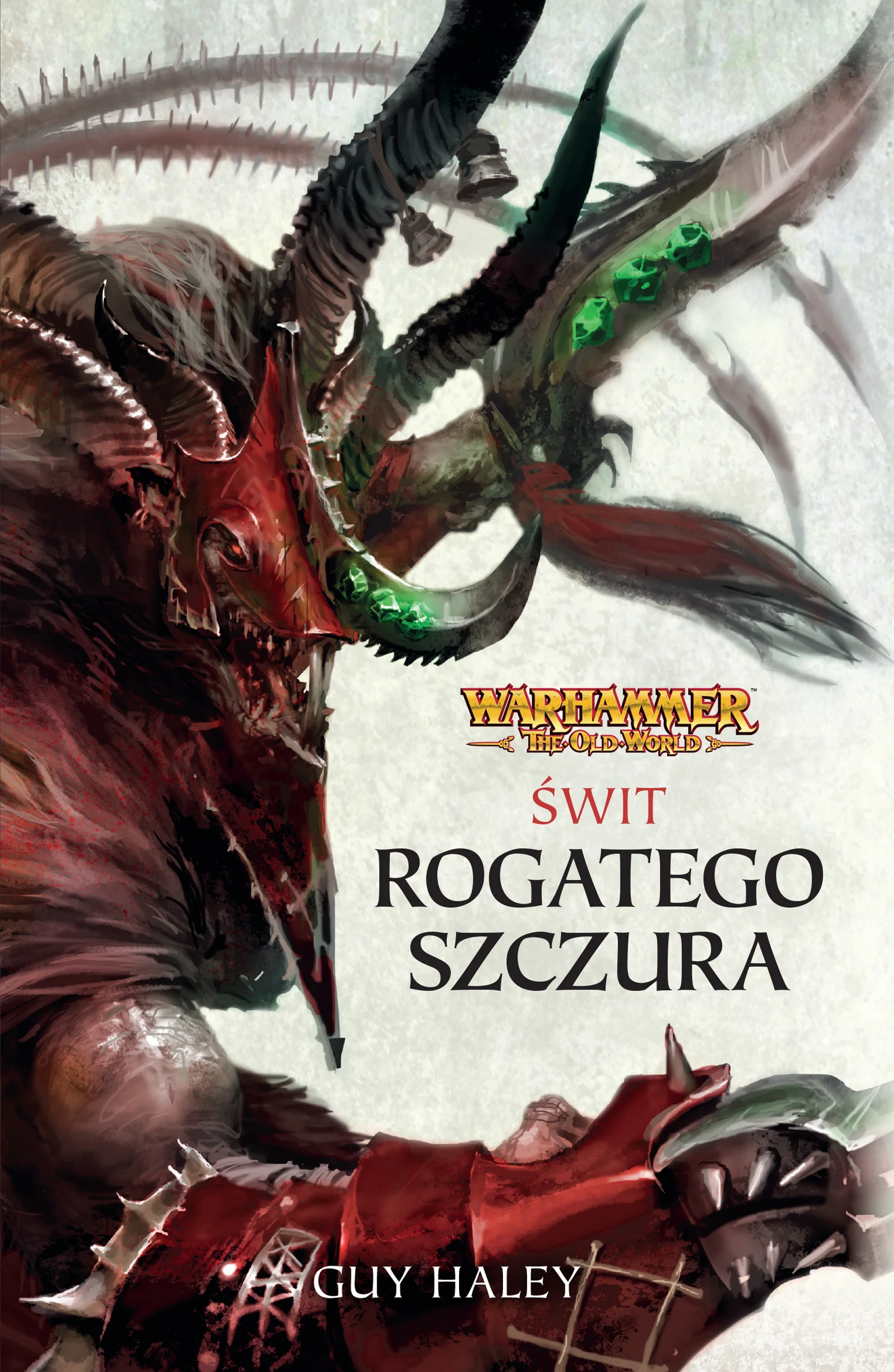 Świt Rogatego Szczura – okładka 2D powieści Warhammer The End Times, Guy Haley, Koniec Czasów Tom IV, demon Skavenich z rogami i zielonymi klejnotami
