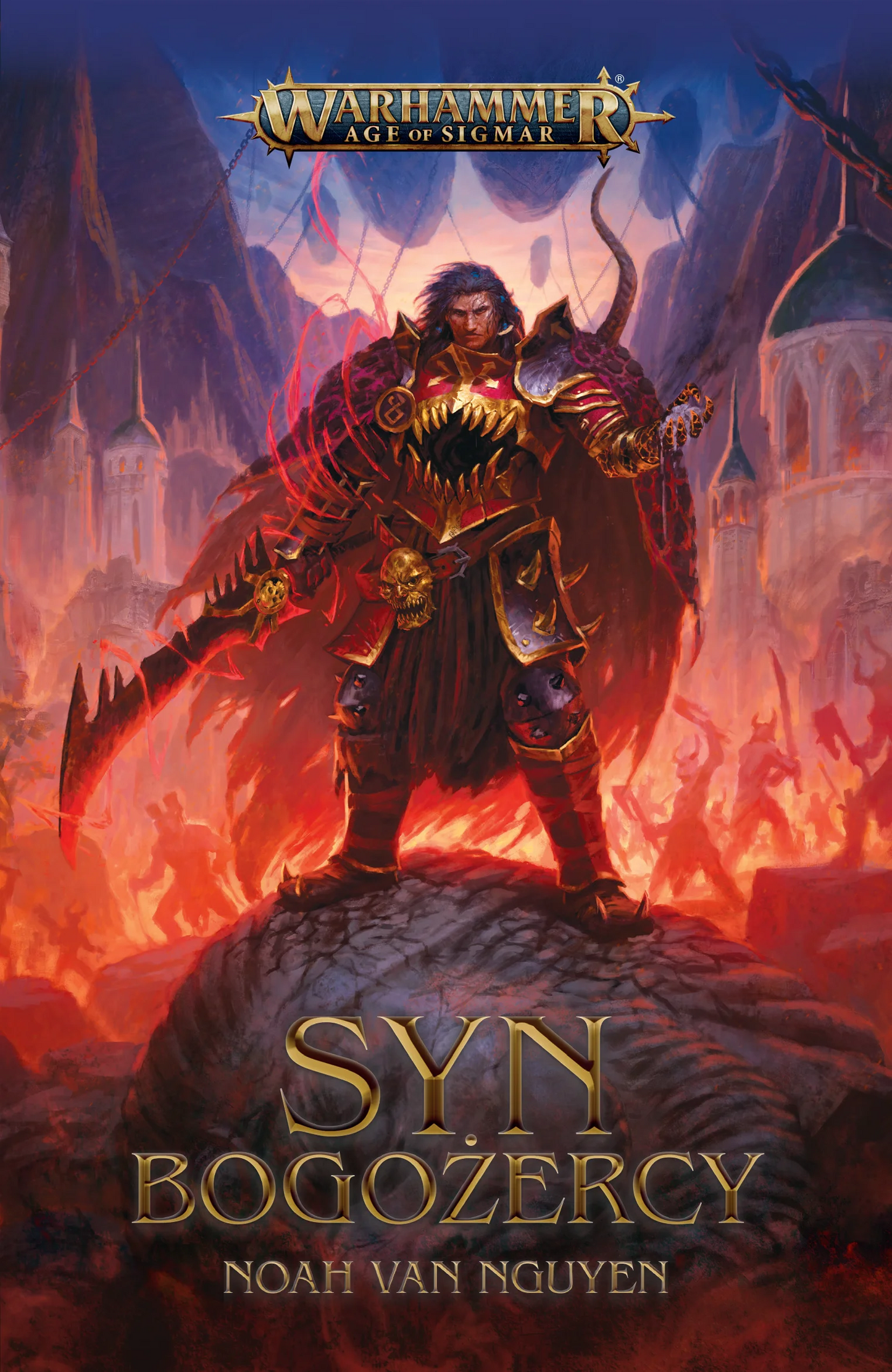 Syn Bogożercy – okładka 2D powieści Warhammer Age of Sigmar, Noah Van Nguyen, Heldanarr Kres w czerwonej zbroi na tle płomieni i demonów

